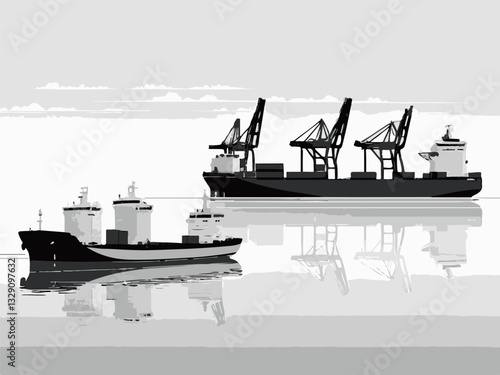 Vector illustration of a shipyard with cranes and cargo ships loading. Cargo Ships in Harbor with Cranes and Reflections on Water