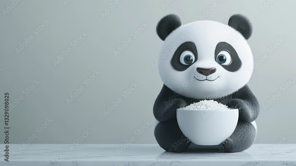 A panda holding a rice bowl on a clean marble table for minimalist food delivery. digital A panda holding a rice bowl on a clean marble table for minimalist food delivery. digital