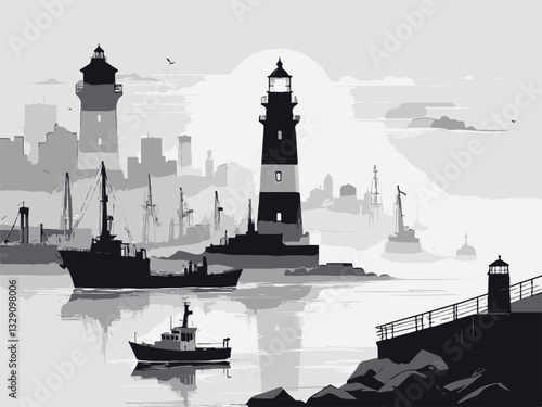 Vector illustration of a shipyard with cranes and cargo ships loading. Serene Coastal Scene with Lighthouses and Boats in Monochrome