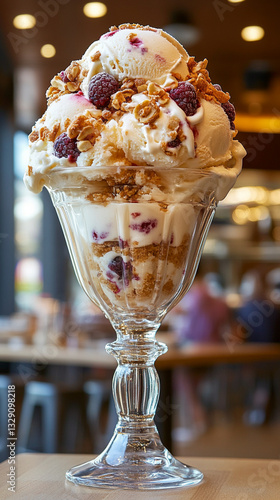 Elegant ice cream dessert in a glass bowl, featuring creamy scoops and gourmet presentation. A refined summer treat, perfect for food photography, restaurant menus, and luxury dessert branding.