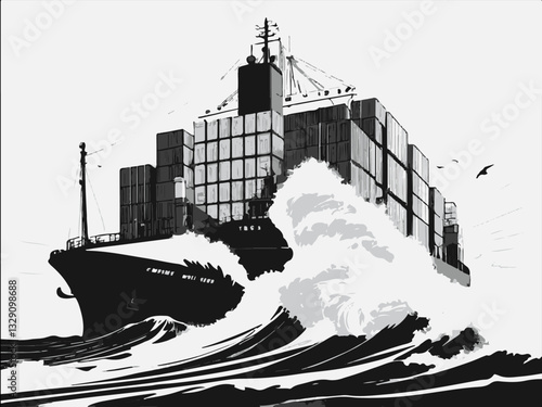 Vector illustration of a shipyard with cranes and cargo ships loading. Container Ship Navigating Rough Seas with Dramatic Waves