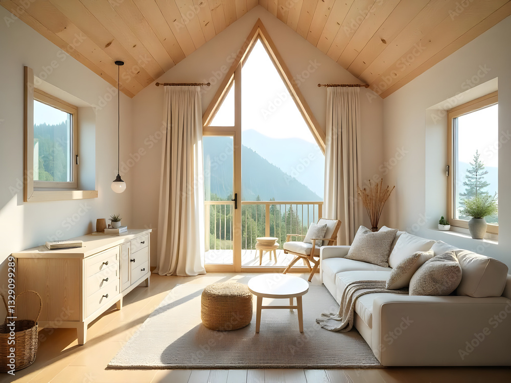 Fototapeta premium A living room in a frame cabin with cozy white and wood interior, big window with view of the mountains.