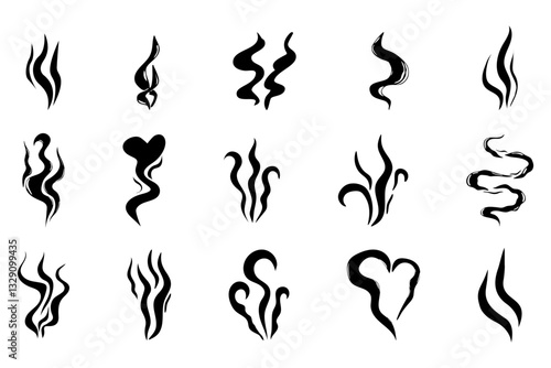 Steam smoke hand drawn line comic doodle. Aroma trail, cloud or wind silhouette. Smells hot air fragrance evaporate set. 