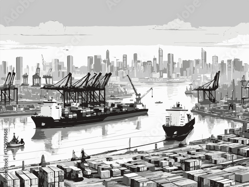 Vector illustration of a shipyard with cranes and cargo ships loading. Coastal City Port with Container Ships and Skyline View