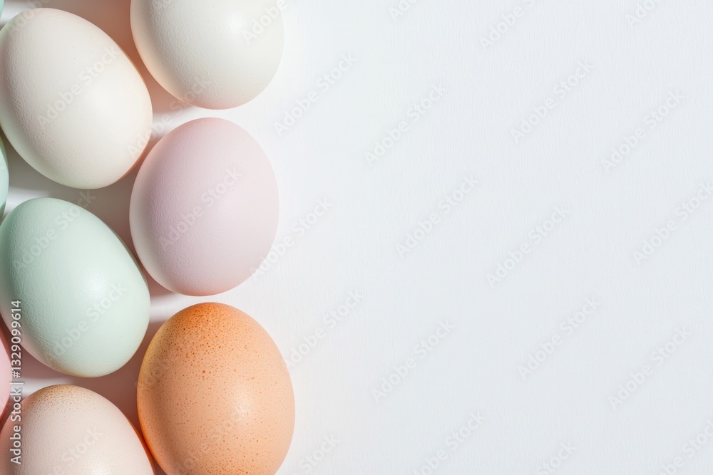 Delicate pastel eggs arranged harmoniously against clean white b Delicate pastel eggs arranged harmoniously against clean white b