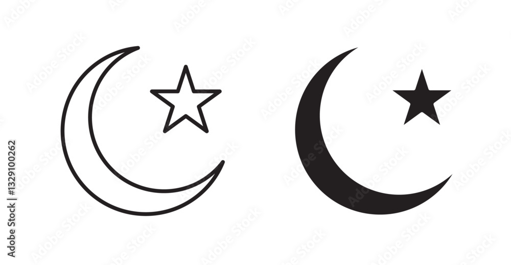 Star and crescent line icon vector set. Star and crescent line icon vector set.