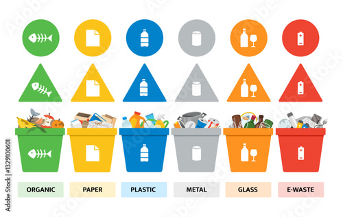 Different types garbage Recyclable Waste. Environmental recycling concept. Recycling Bins.