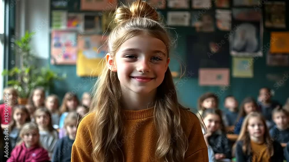 Young girl smiling confidently in a classroom filled with attentive students, colorful artwork displayed Young girl smiling confidently in a classroom filled with attentive students, colorful artwork displayed