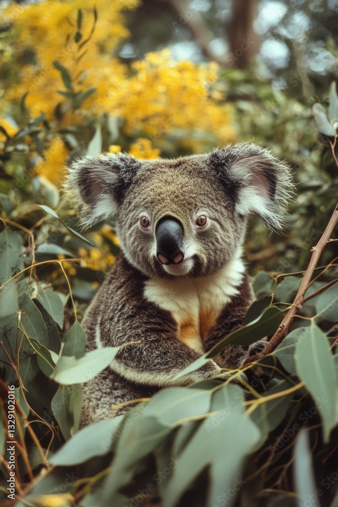 Fototapeta premium Koala with open mouth and bright eyes, among foliage with yellow flowers.