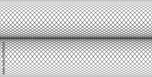 Intricate Halftone Wave Grid: Black and White Geometric Optical Illusion Pattern, Perspective Grid: A Study in Diminishing Points.