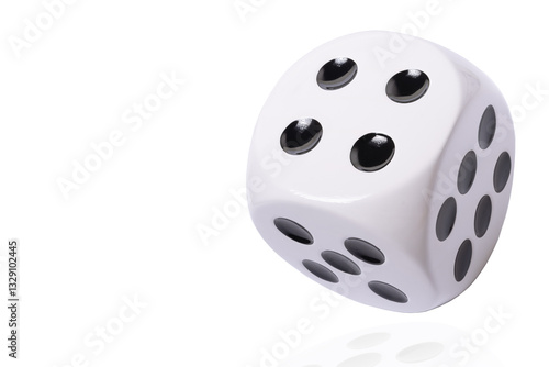 Isolated large white die or dice with black dots on white background, template of a die or dice, gambling addiction or table game concept, copy space