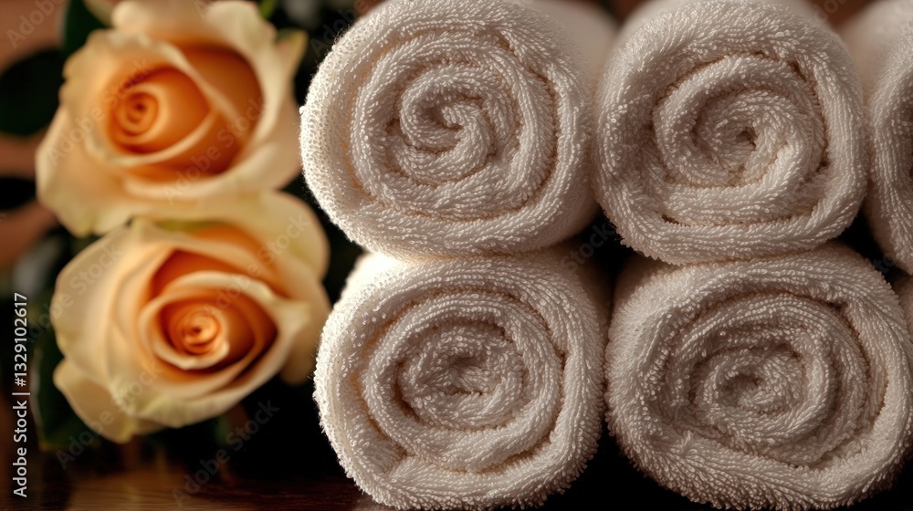 Rolled white towels and peach roses Rolled white towels and peach roses
