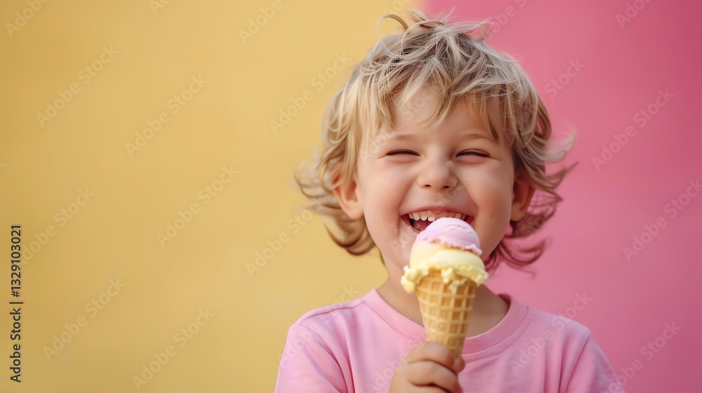 A little boy with blonde hair smiles while eating an ice cream cone. A little boy with blonde hair smiles while eating an ice cream cone.
