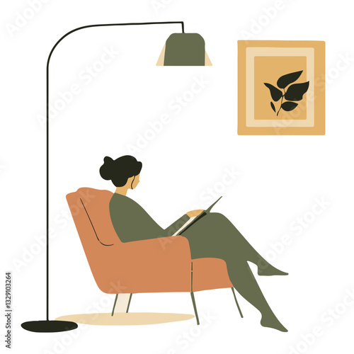 Woman reading in an armchair under a floor lamp 