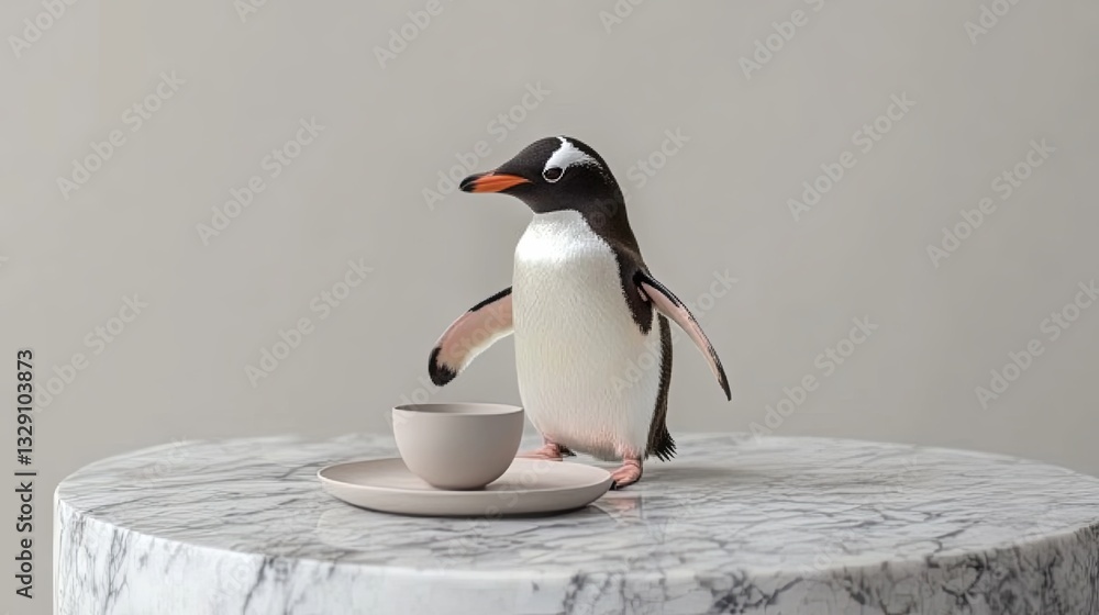 Obraz premium A penguin holding a tea tray on a neutral marble surface for hospitality services. digital