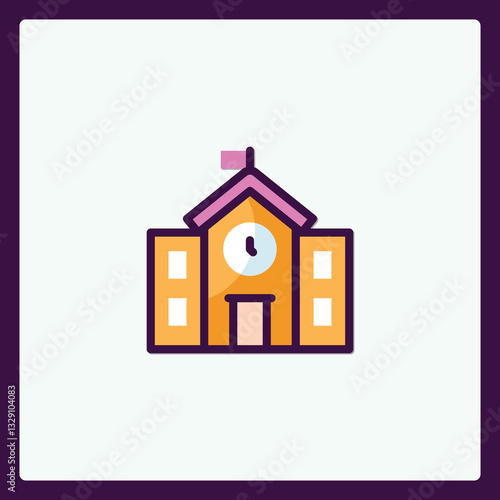 Stylized building icon design featuring a school with clock detail