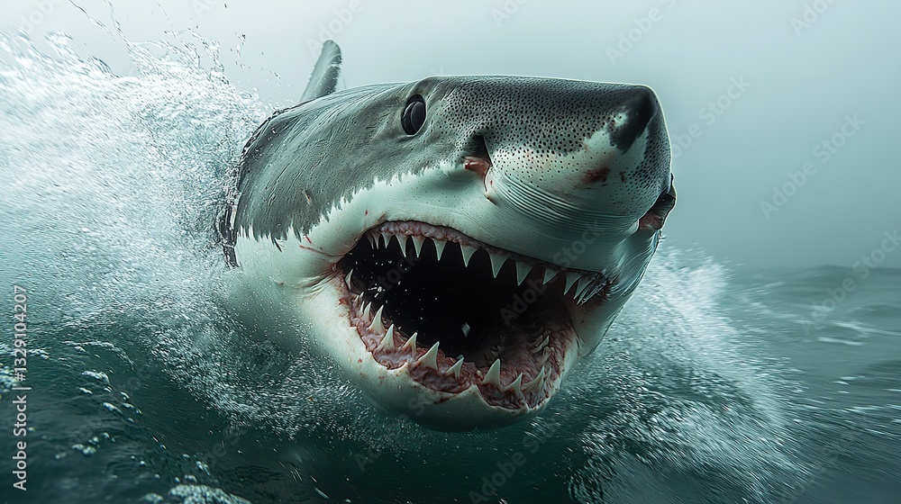 Obraz premium Emerging from misty waters, a great white shark's wide open jaws create a thrilling, intense atmosphere capturing its raw power and danger.