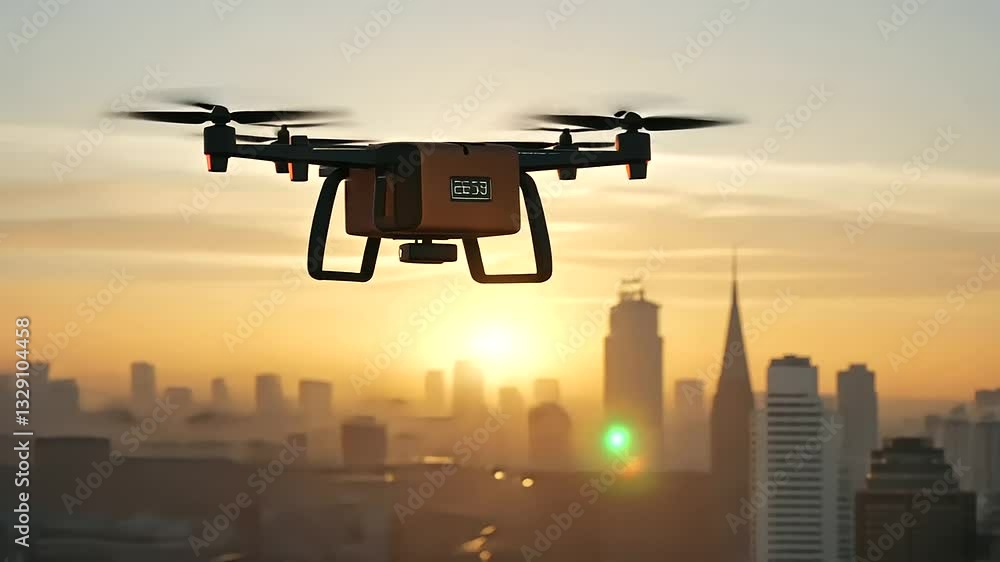 Drone delivering package to rooftop at sunset Drone delivering package to rooftop at sunset