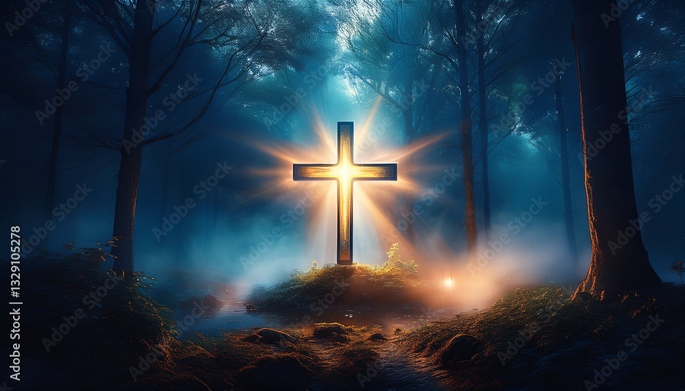 Fototapeta premium A glowing cross stands at the center of a dark, mist-covered forest, with ethereal mist swirling at its base, casting a soft, divine light through the shadows. 