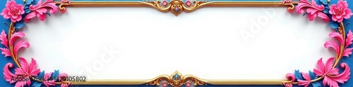 Intricate pink, blue, gold frame, white background , flourish, swirl