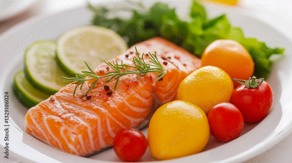 Freshly grilled salmon with vibrant vegetables and citrus garnishes on a white plate Freshly grilled salmon with vibrant vegetables and citrus garnishes on a white plate