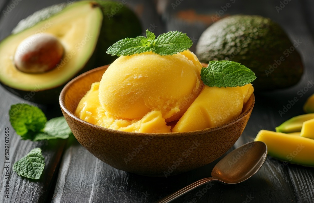 Scoops of Mango Avocado Sorbet Garnished with Mint on Wooden Table Scoops of Mango Avocado Sorbet Garnished with Mint on Wooden Table