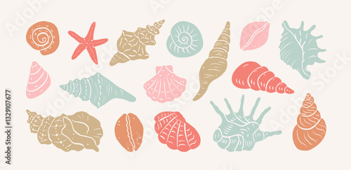 Collection hand drawn seashells in pastel colors. Minimalist vintage marine silhouettes. Collage style. Summer coastal design elements for trendy prints, invitation, menu cover. Tropical beach shells.
