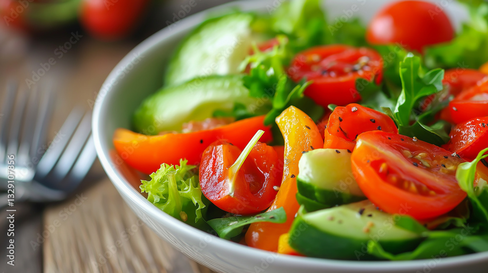Fresh garden salad with vibrant vegetables arranged in a bowl on wooden table Fresh garden salad with vibrant vegetables arranged in a bowl on wooden table