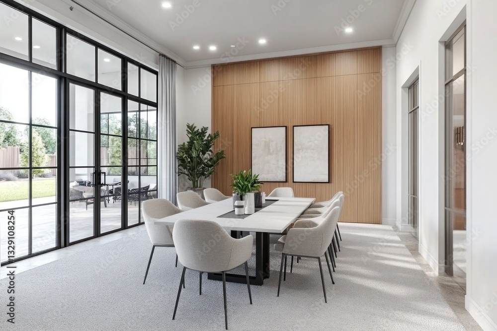 Modern dining room with large windows, wooden wall, and a long table. Modern dining room with large windows, wooden wall, and a long table.