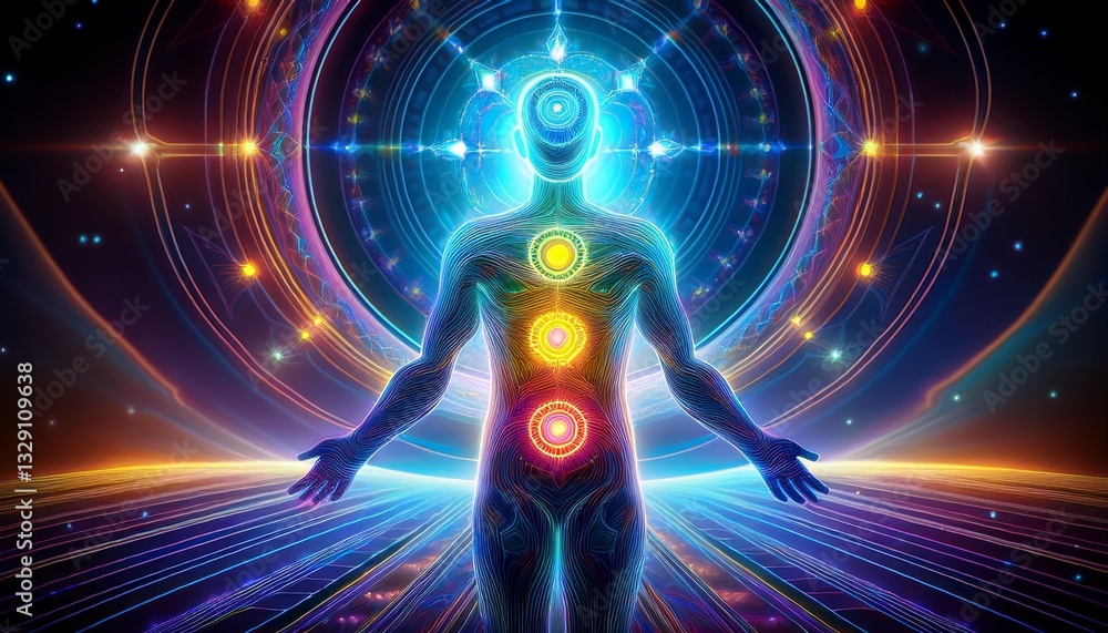 A futuristic digital design of chakra energy pathways, like a high-tech blueprint of the human body, glowing in neon hues A futuristic digital design of chakra energy pathways, like a high-tech blueprint of the human body, glowing in neon hues