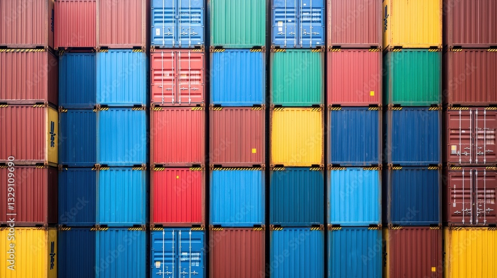 Fototapeta premium Import Tariffs economy costs concept. Colorful shipping containers stacked in a grid pattern.