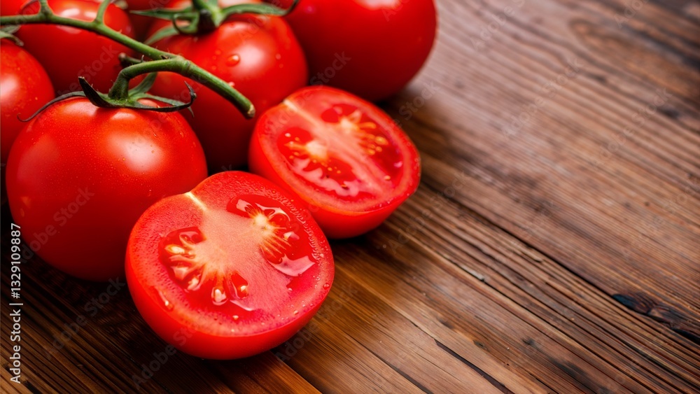 Fresh red tomatoes cut in half on a wooden table with copy space Fresh red tomatoes cut in half on a wooden table with copy space
