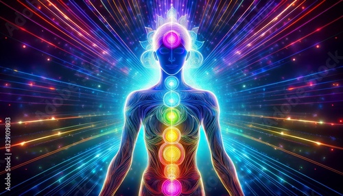 A futuristic digital design of chakra energy pathways, like a high-tech blueprint of the human body, glowing in neon hues