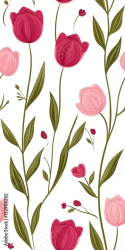 Pink and Plum Purple Tulip Seamless Pattern on White Background