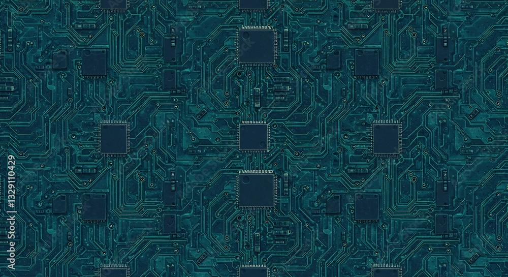 Obraz premium Teal Circuit Board Texture Seamless Pattern. AI Generated