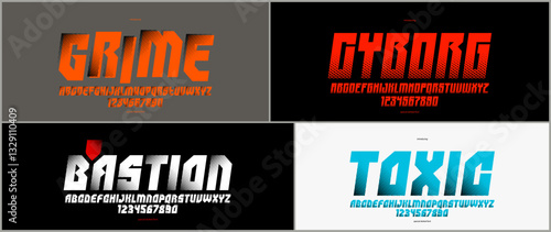 Brutal geometric vector fonts set, bold and massive alphabet typefaces, strong and heavy typeset collection, useful for logo creation, urban letters set.