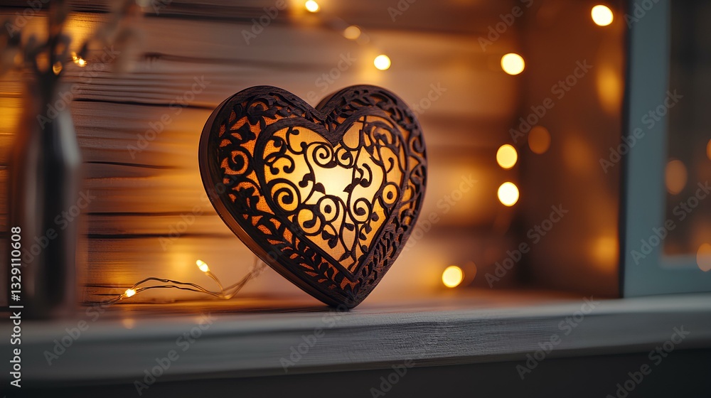 heart-shaped music box with intricate carvings, placed on a polished wooden shelf with glowing string lights