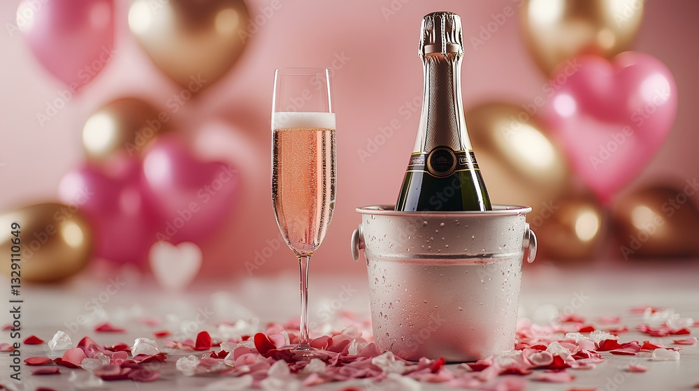bottle of champagne stands in an ice bucket on a table with rose petals, with heart-shaped balloons in the background. Festive romantic atmosphere