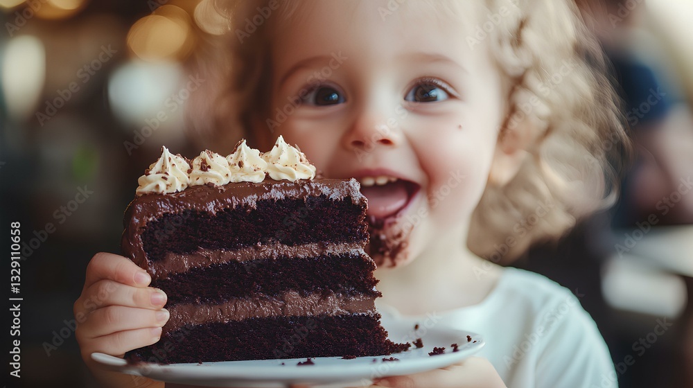 white child with messy hands holding a large slice of chocolate cake, taking a joyful bite
