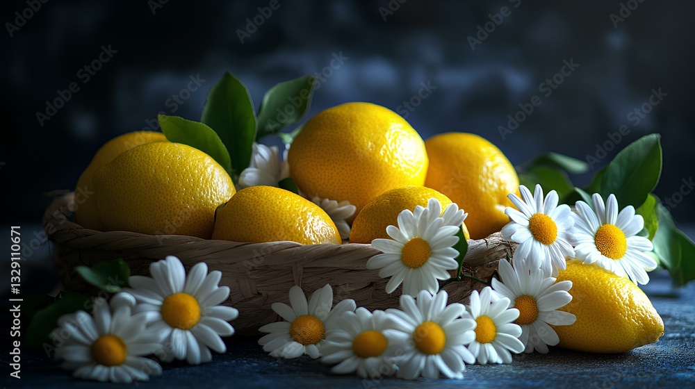 BRIGHT SUMMER IMAGE OF CHAMOMILES AND LEMONS
