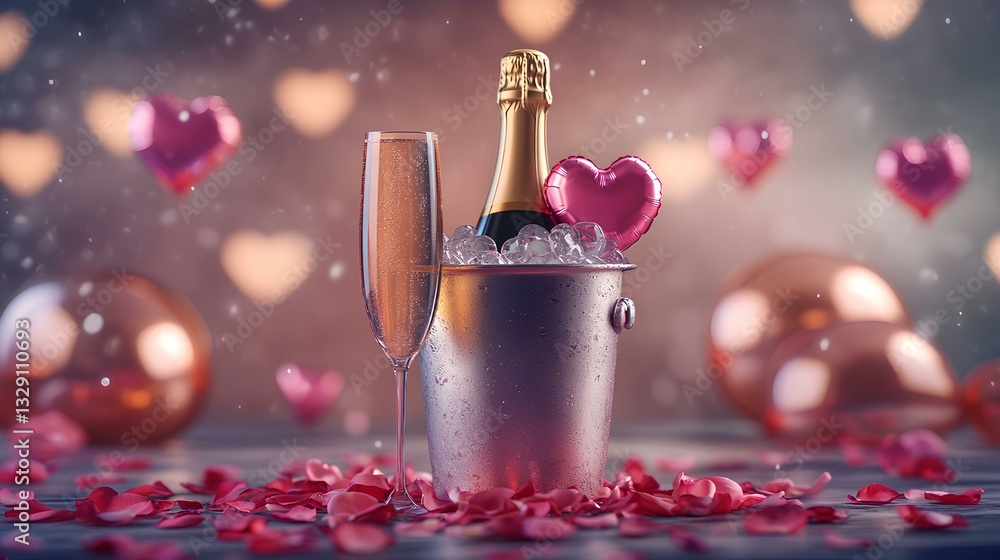 bottle of champagne stands in an ice bucket on a table with rose petals, with heart-shaped balloons in the background. Festive romantic atmosphere