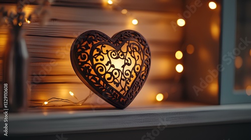 Obraz na płótnie heart-shaped music box with intricate carvings, placed on a polished wooden shelf with glowing string lights w salonie
