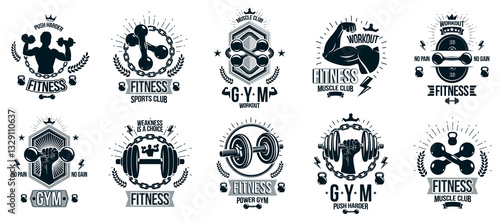 Fitness sport emblems logos or posters with barbells dumbbells kettlebells and muscle man silhouettes vector set, athletic workout active lifestyle theme, sport club or competition awards.