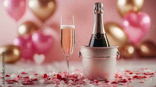 Obraz na płótnie bottle of champagne stands in an ice bucket on a table with rose petals, with heart-shaped balloons in the background. Festive romantic atmosphere w salonie