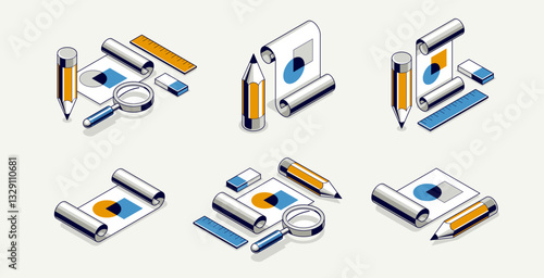 Engineering project concept, paper document blueprint with pencil engineer work job vector 3D isometric illustration, abstract plan drawing, cad scheme icon.