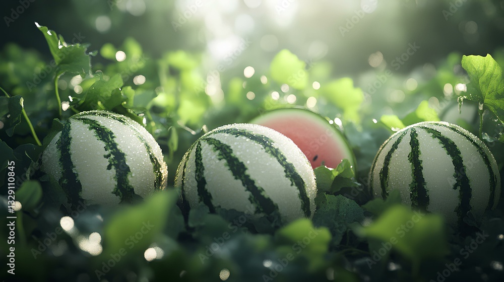 A watermelon patch in the early morning, with dew glistening on the green leaves and striped rinds