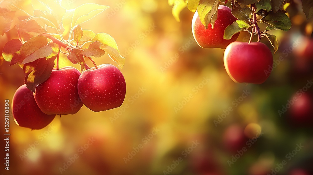 A vibrant apple orchard with sunlight streaming through the branches, highlighting bright red apples ready for harvest