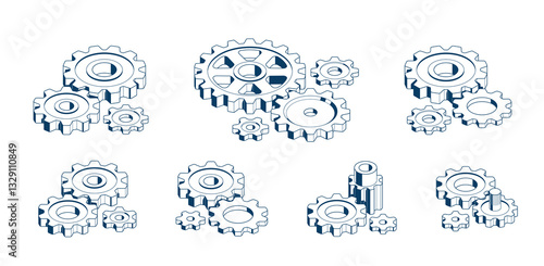 Mechanical engineering concept set, gears and cogs composition isometric 3D vector illustration, cogwheels system technology and technics machinery engine.