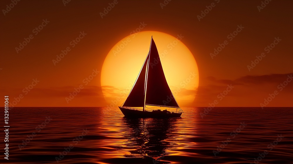 A lone sailboat on the horizon, silhouetted against the setting sun