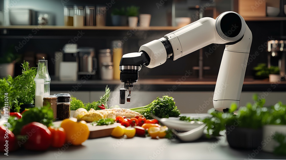 A kitchen robot arm preparing a gourmet meal, with ingredients neatly arranged on the counter.